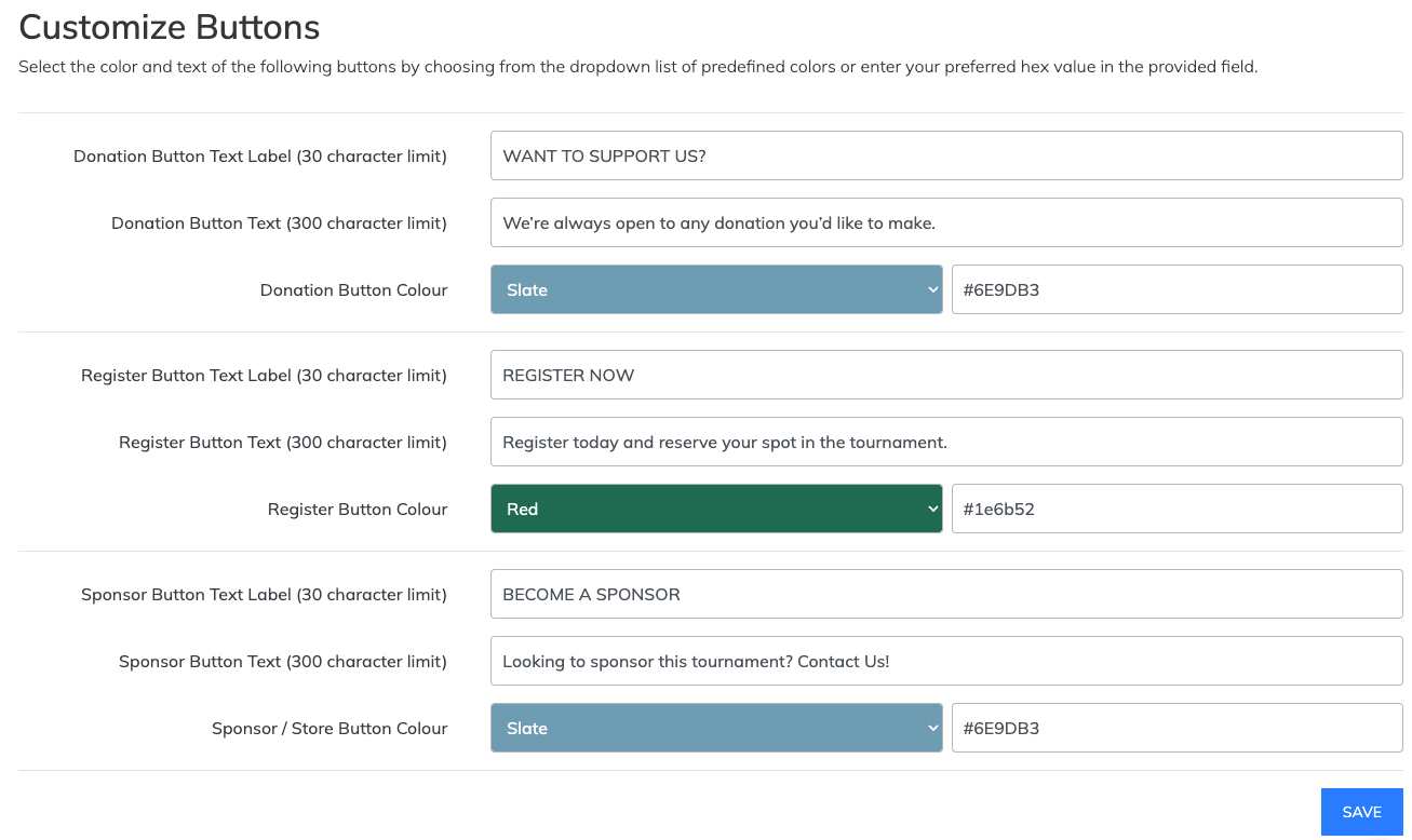 Website Editor Customize Buttons settings for Donation, Register, and Sponsor or Store button text, labels, and colors.
