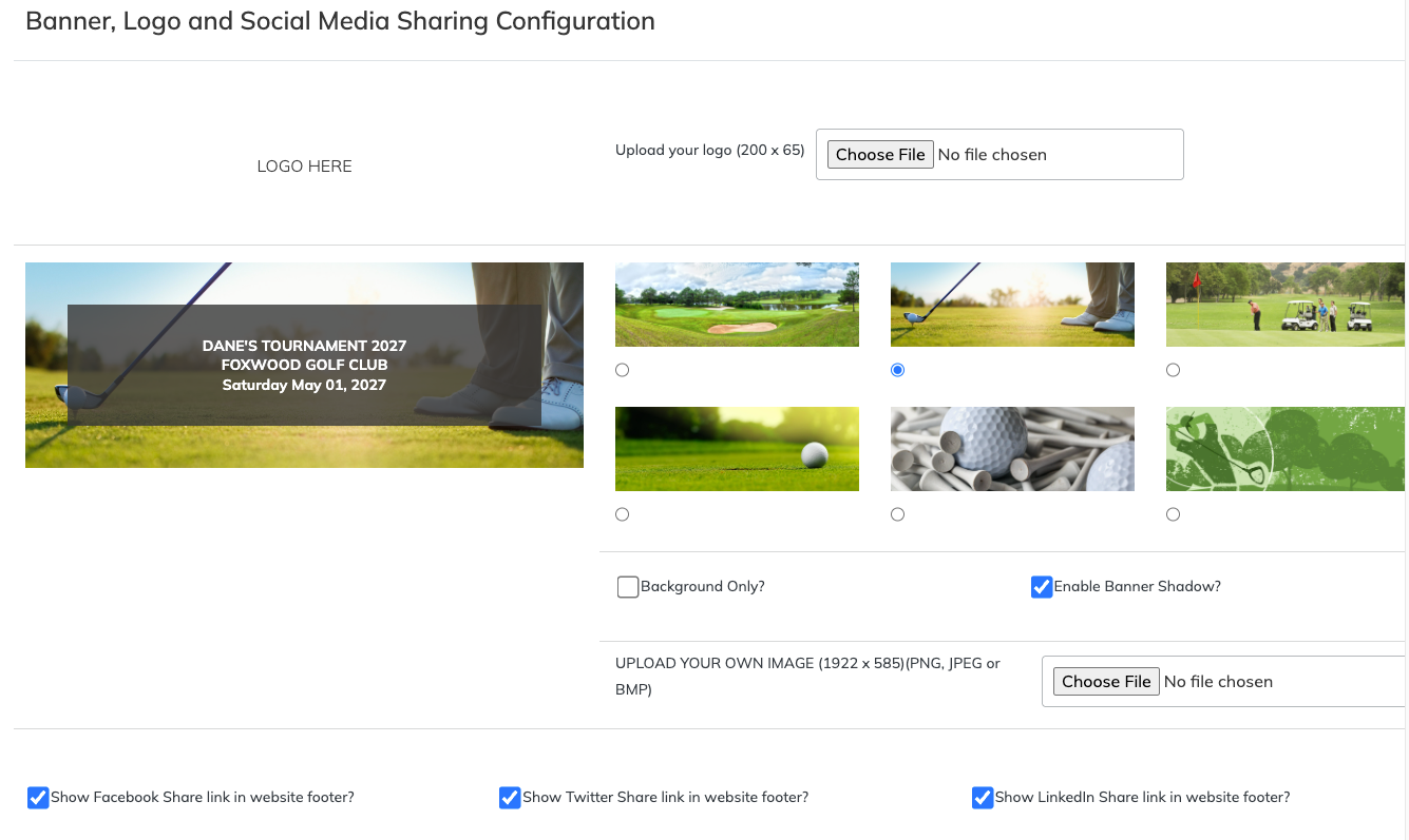 Website Editor Logo and Banner tab with logo upload, banner choices, banner display settings, and social share options.