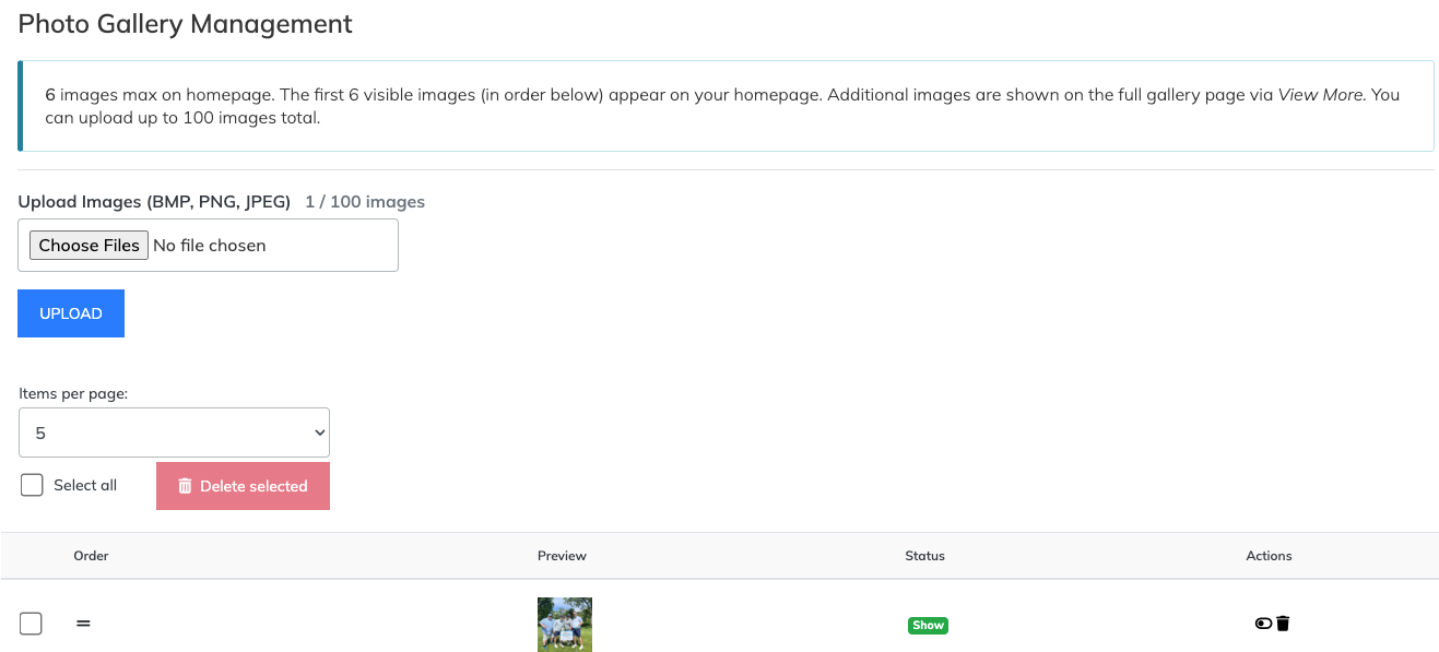 Website Editor Photo Gallery Management with image upload, visibility, ordering, and image-management controls.