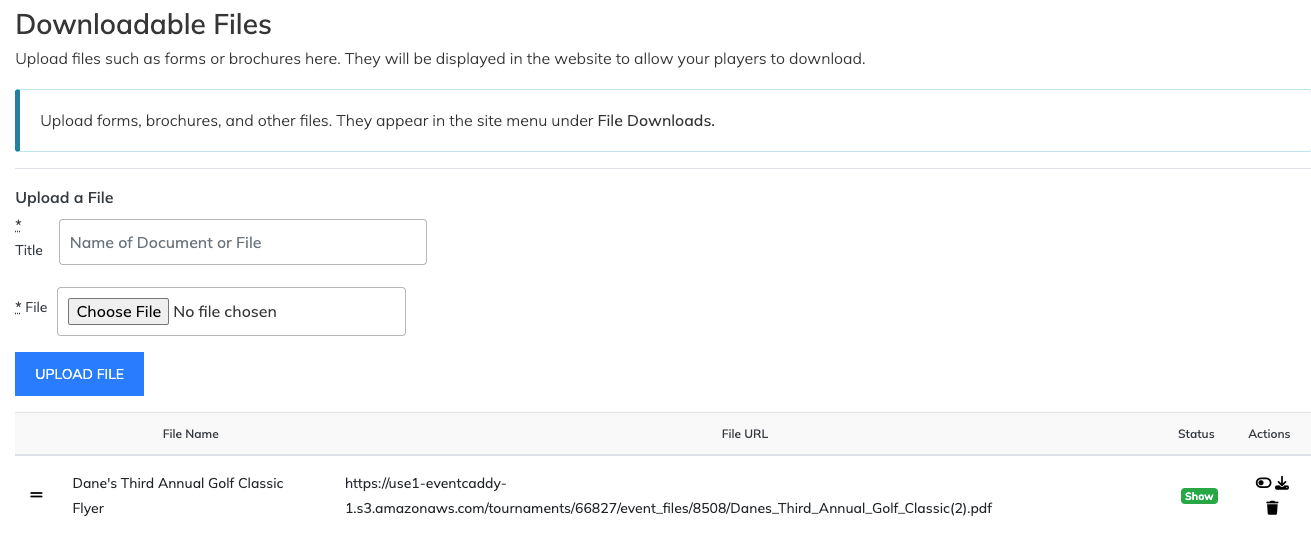 Website Editor Downloadable Files tab with file upload, direct File URL, visibility status, and file actions.