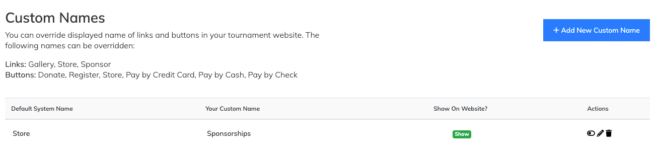 Website Editor Custom Names settings page.