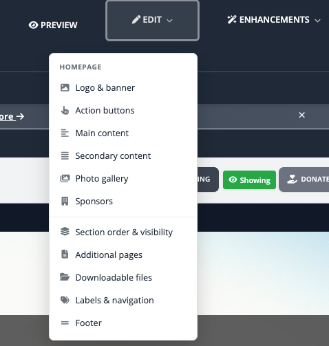 Inline Website Editor Edit menu showing homepage options including Logo and banner, Action buttons, content, Photo gallery, Sponsors, Additional pages, Downloadable files, Labels and navigation, and Footer.