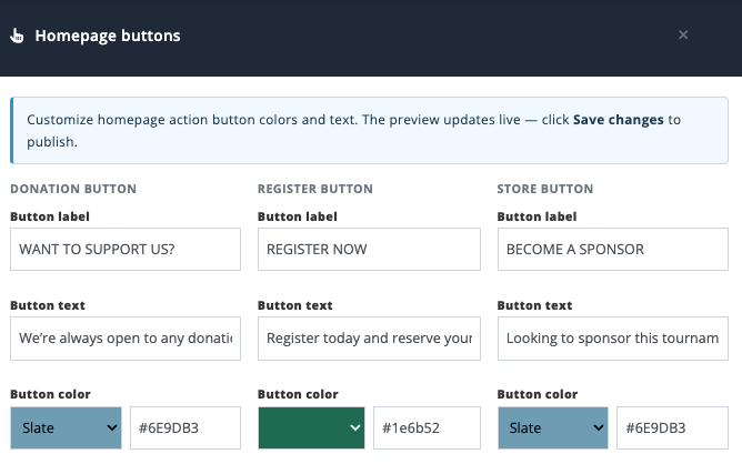 Inline Website Editor Homepage buttons settings for Donation, Register, and Store button labels, text, and colors.